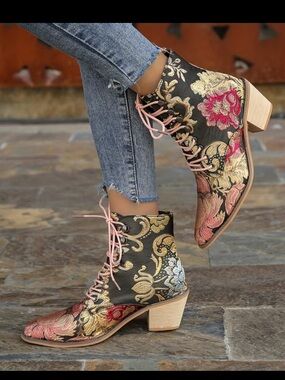 Embroidered Floral Lace-Up Ankle Boots - Pink/Gold